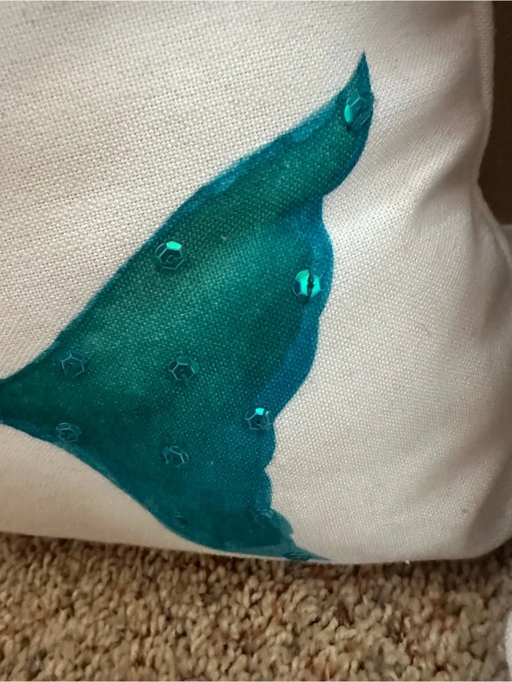 Pair of 13”x17” teal and cream beaded mermaid accent pillows